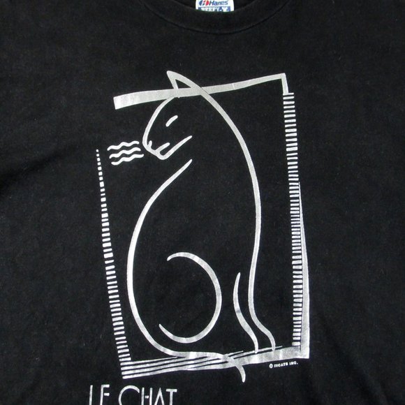 Pre-Owned Hanes SS Le Chat Silver Metallic Cat Outline Black T-Shirt, L (42-44) - Picture 2 of 3